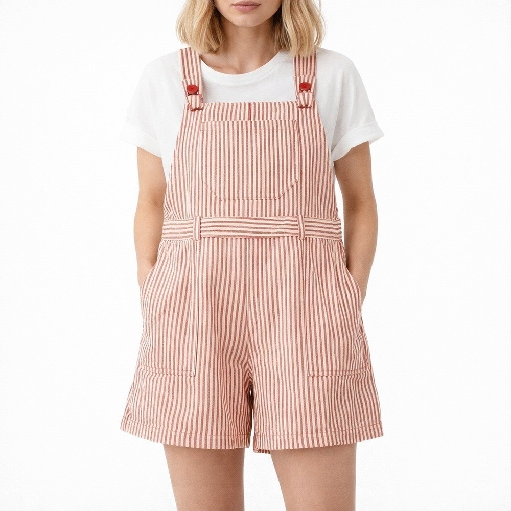 Handmade Red & White Striped Shortalls -‎ Women's XL/L - 40" Waist - Vintage